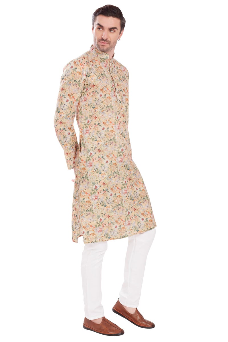 DIVISIVE Men's Linen Cotton Blend Printed Regular Fit Long Kurta (DKRT1619_M_Yellow 3) - Image 4