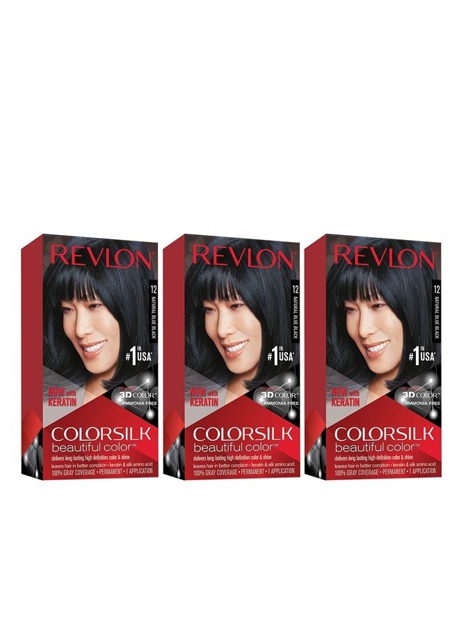 Revlon Permanent Hair Color, Permanent Hair Dye, Colorsilk with 100% Gray Coverage, Ammonia-Free, Keratin and Amino Acids, 12 Natural Blue Black, 4.4 Oz (Pack of 3)