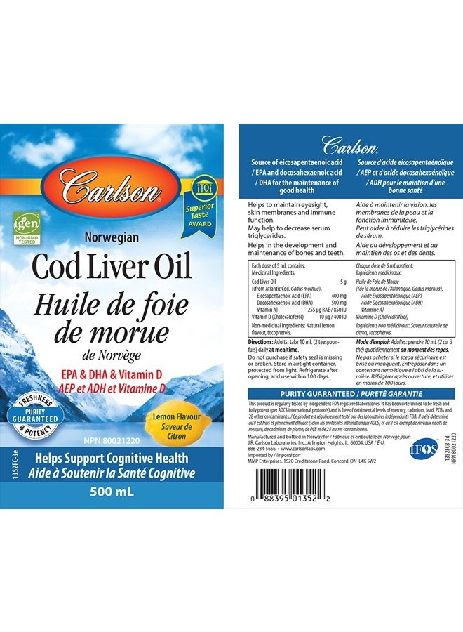 Carlson زيت كبد السمك، 1100 ملغ أوميغا-3، بالإضافة إلى فيتامينات أ و د3، زيت كبد سمك القد النرويجي البري، زيت سمك نوردك المستدام، بنكهة الليمون، 500 مل (16.9 أونصة سائلة) - Image 2