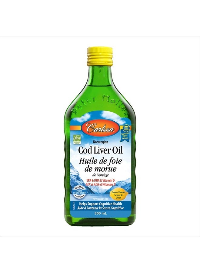 Carlson زيت كبد السمك، 1100 ملغ أوميغا-3، بالإضافة إلى فيتامينات أ و د3، زيت كبد سمك القد النرويجي البري، زيت سمك نوردك المستدام، بنكهة الليمون، 500 مل (16.9 أونصة سائلة) - Image 1