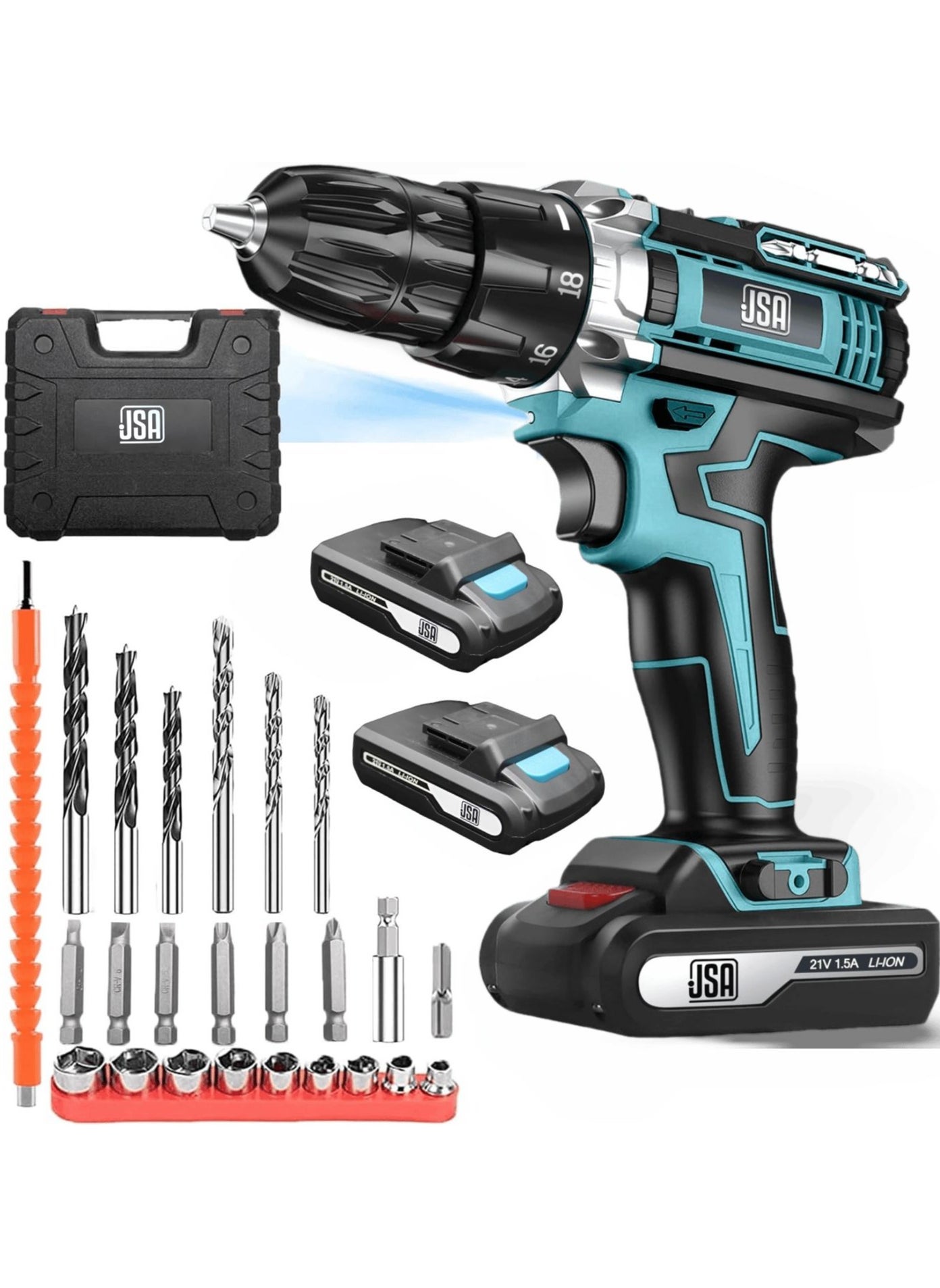 JSA 21 V Cordless Drill Driver 2 Lithium Batteries Heavy Duty Drill Concrete Metal Wood Drill Screwdriver _70070 