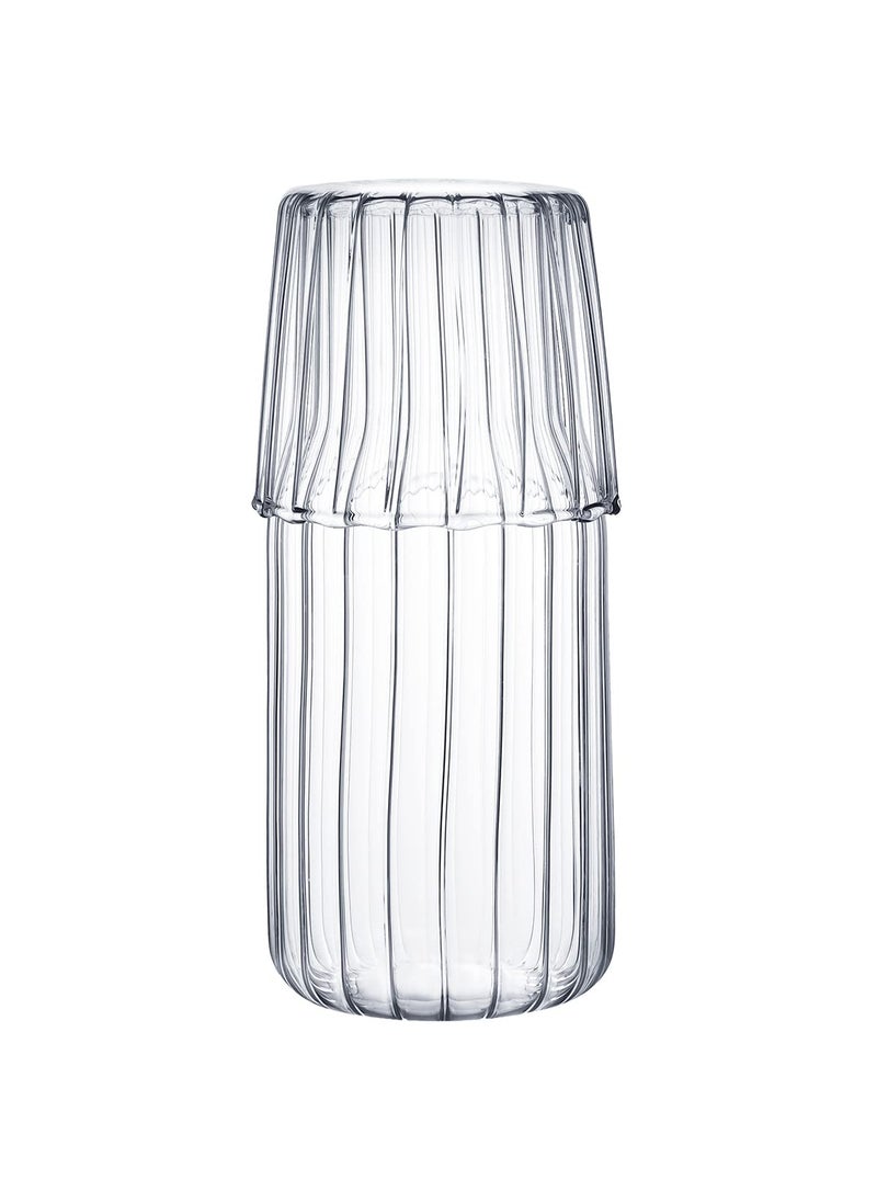 Sizikato Sizikato 15 Oz Clear Striped Glass Bedside Night Water Carafe with Tumbler Glass 