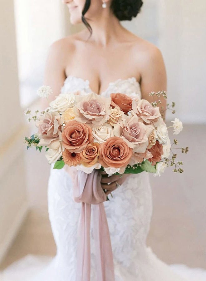 FACINOC Roses Artificial Flowers Bouquet Combo Box Set for DIY Wedding Centerpieces for Table Bridal Baby Shower Party Decorations Fake Silk Floral Arrangements for Home Decor Indoor Peach Pink - Image 2