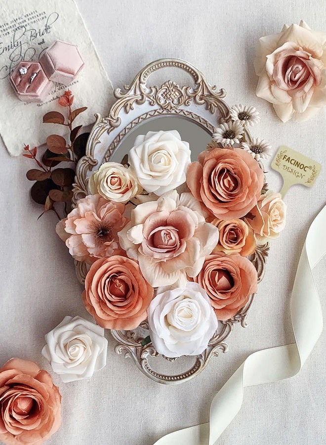 FACINOC Roses Artificial Flowers Bouquet Combo Box Set for DIY Wedding Centerpieces for Table Bridal Baby Shower Party Decorations Fake Silk Floral Arrangements for Home Decor Indoor Peach Pink - Image 4