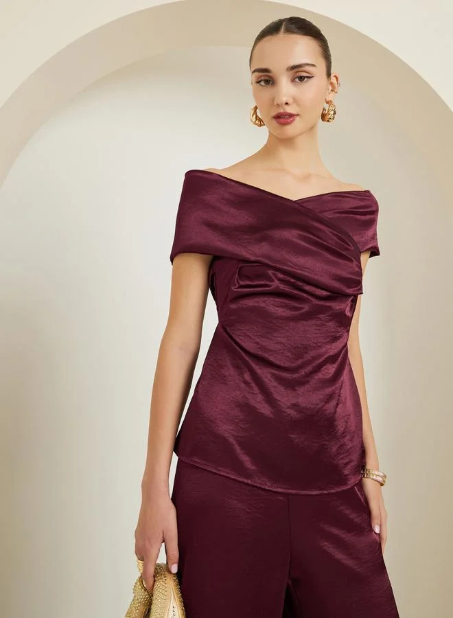 Styli Burgundy Satin Off-Shoulder Top