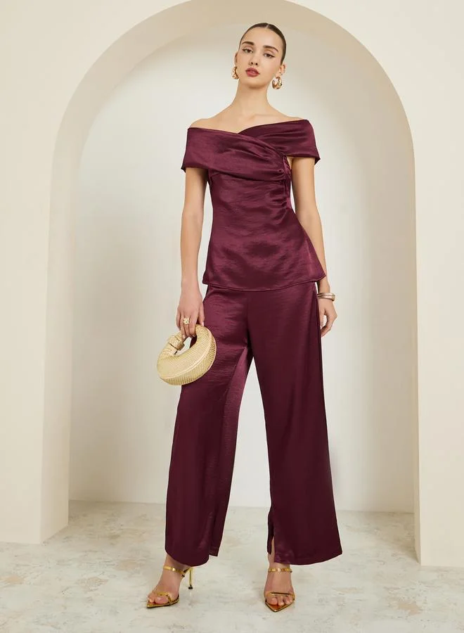 Styli Burgundy Satin Off-Shoulder Top