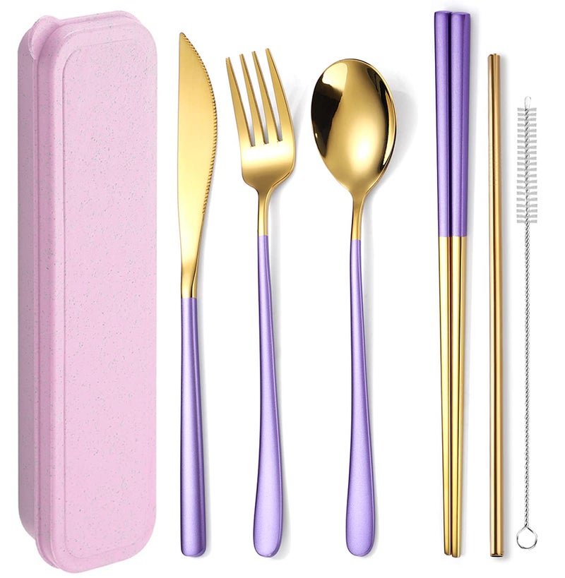 AARAINBOW 6 Pieces 188 Stainless Steel Flatware Set Portable Reusable Cutlery Set Travel Utensils Set Including Chopsticks Knife Fork Spoon Straws Cleaning Brush Dishwasher Safe Purple golden