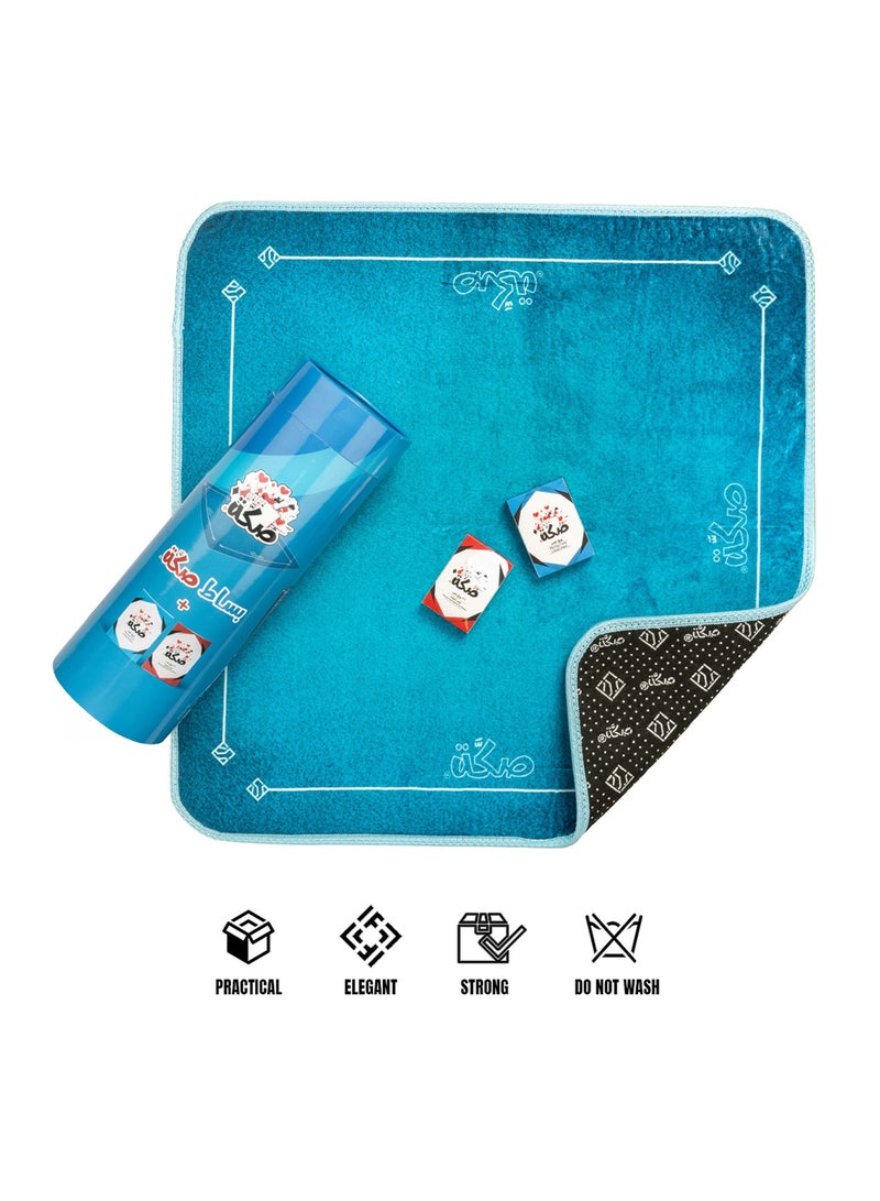 Skkah Blue Rug Game Set – 70x70 cm Soft Blue Rug + 2 Decks of Waterproof Playing Cards | Includes Skkah Blue (54 Poker Cards) & Skkah Red (32 Baloot Cards) | Ideal for Majlis, Poker Nights, and Travel - Image 1