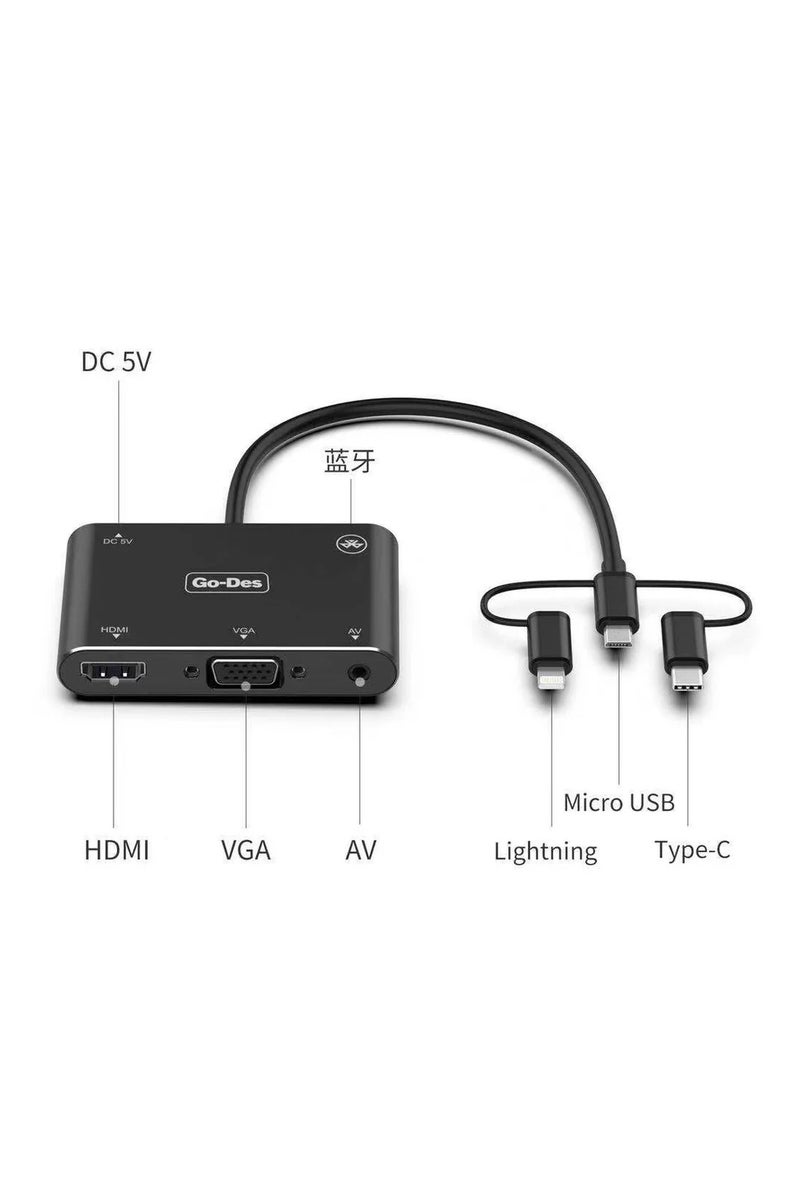 GO-DES 5-in-1 Mobile HD Screen Player USB-C Lightning Micro USB to HDTV VGA AV Adapter with Wireless Bluetooth Connection and 2K Ultra HD Output - Image 3