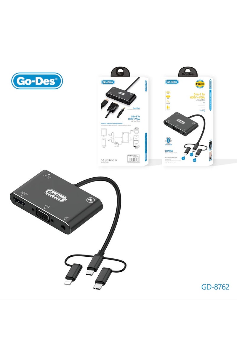 GO-DES 5-in-1 Mobile HD Screen Player USB-C Lightning Micro USB to HDTV VGA AV Adapter with Wireless Bluetooth Connection and 2K Ultra HD Output - Image 1