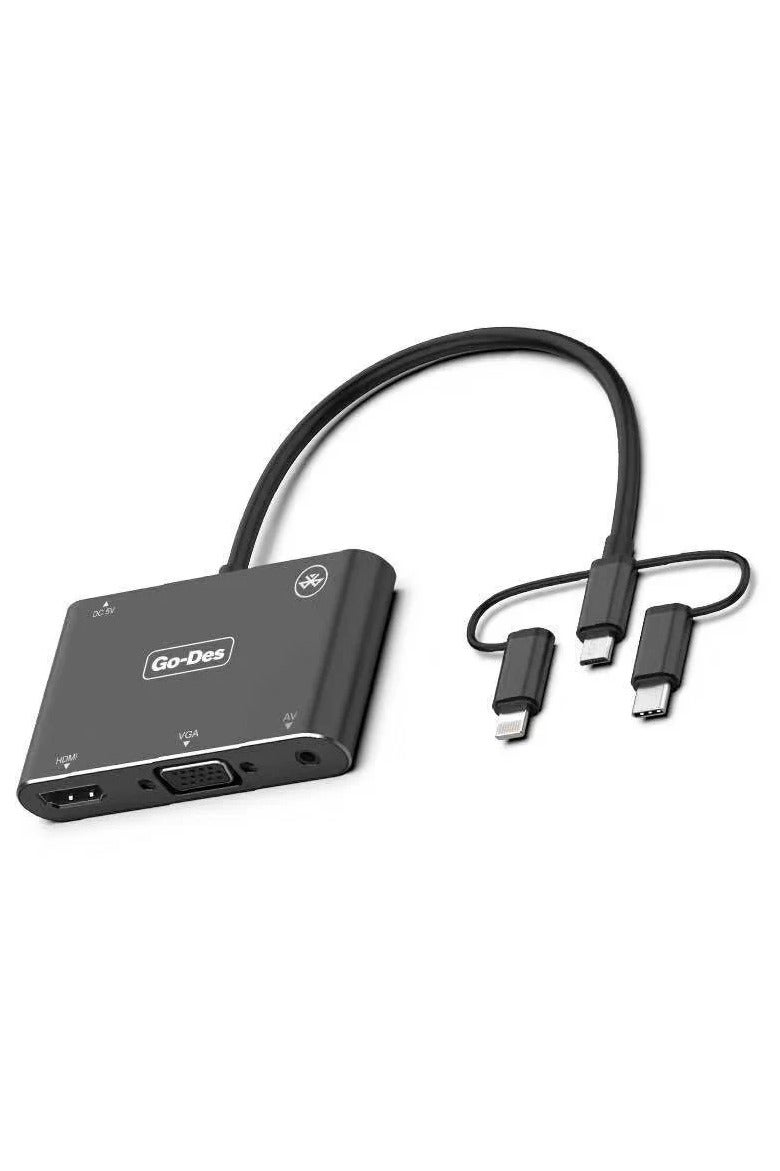 GO-DES 5-in-1 Mobile HD Screen Player USB-C Lightning Micro USB to HDTV VGA AV Adapter with Wireless Bluetooth Connection and 2K Ultra HD Output - Image 4
