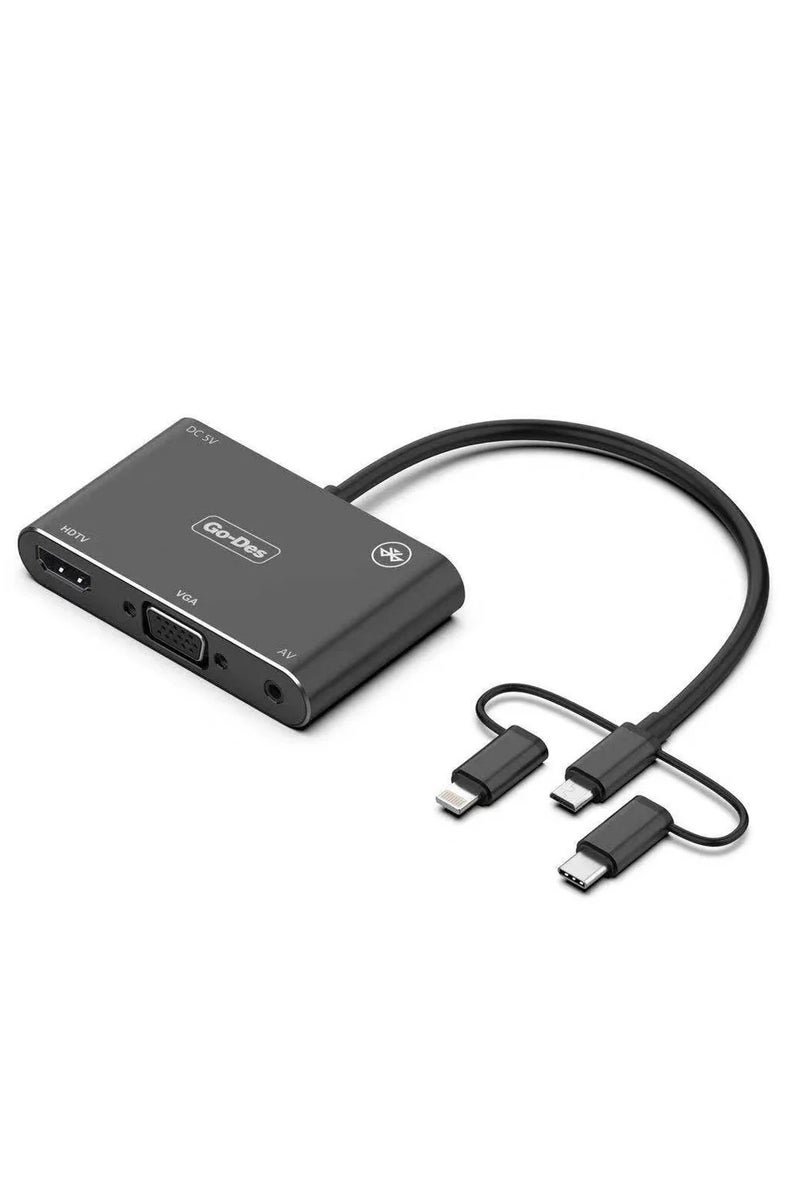 GO-DES 5-in-1 Mobile HD Screen Player USB-C Lightning Micro USB to HDTV VGA AV Adapter with Wireless Bluetooth Connection and 2K Ultra HD Output - Image 5