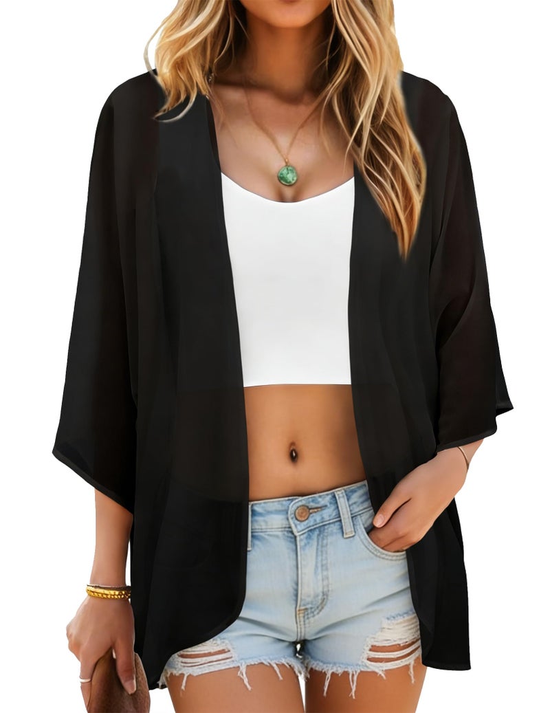 BB&KK Women's Kimono Cover Ups Tops Solid Color Summer Lightweight Cardigans Beach Boho Sheer Thin Shirts Maternity Black Small - Image 1