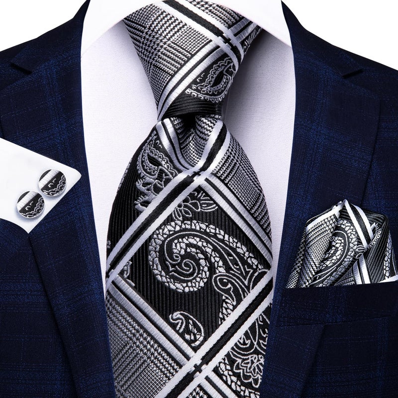 Hi-Tie مجموعة ربطات عنق للرجال من هاي-تاي، 5 قطع، علبة هدايا، ربطات عنق مع منديل جيب وأزرار أكمام، مجموعة ربطات عنق حرير، ألوان متعددة، أسود - Image 3