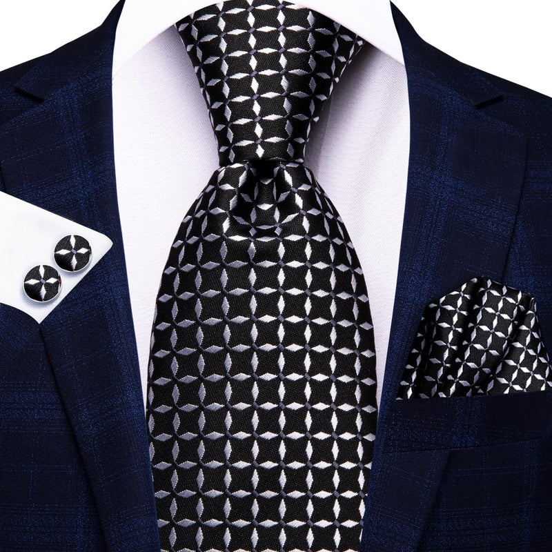 Hi-Tie مجموعة ربطات عنق للرجال من هاي-تاي، 5 قطع، علبة هدايا، ربطات عنق مع منديل جيب وأزرار أكمام، مجموعة ربطات عنق حرير، ألوان متعددة، أسود - Image 5