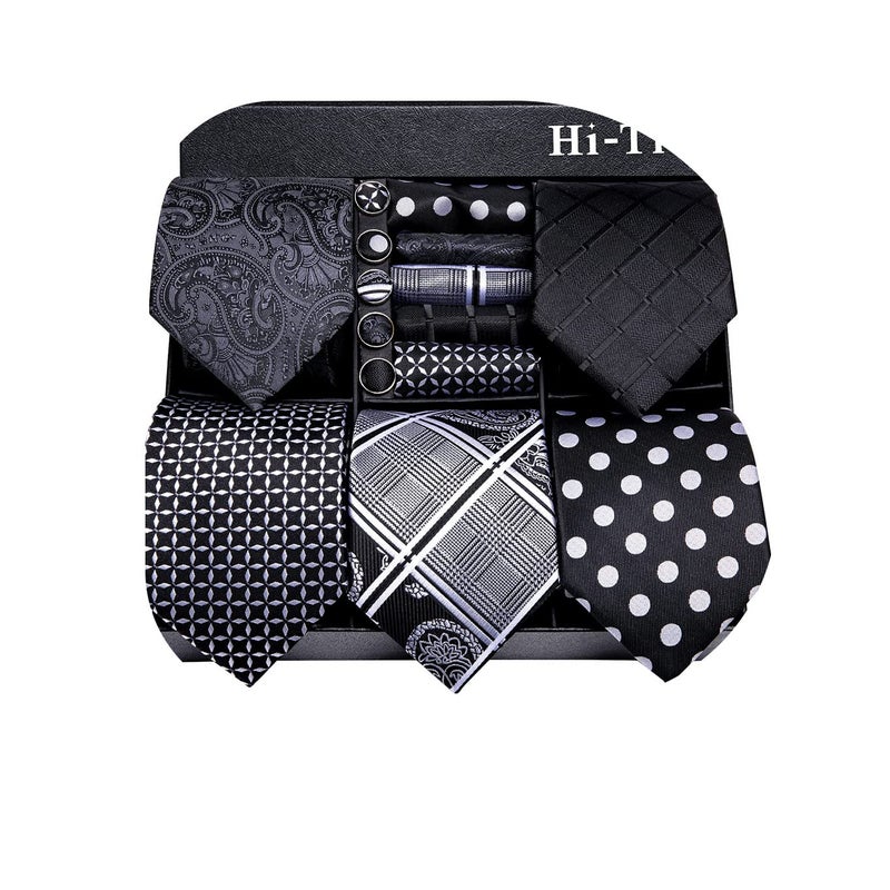 Hi-Tie مجموعة ربطات عنق للرجال من هاي-تاي، 5 قطع، علبة هدايا، ربطات عنق مع منديل جيب وأزرار أكمام، مجموعة ربطات عنق حرير، ألوان متعددة، أسود - Image 1