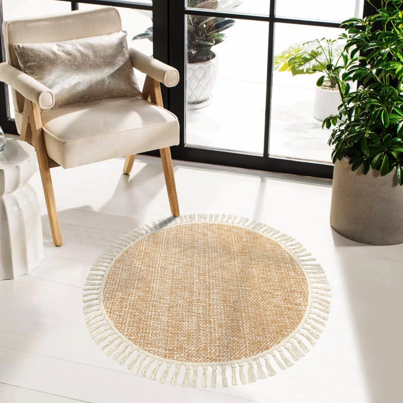 Collive Hand Woven Round Area Rug Soft Cotton Machine Washable Carpet 3ft Farmhouse Rugs with Tassels  Tan/Cream Circle Rugs for Bedroom Living Room Dining Room Table Office - Image 1