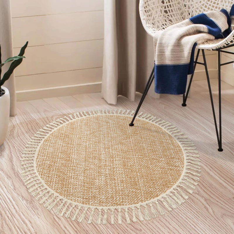 Collive Hand Woven Round Area Rug Soft Cotton Machine Washable Carpet 3ft Farmhouse Rugs with Tassels  Tan/Cream Circle Rugs for Bedroom Living Room Dining Room Table Office - Image 4