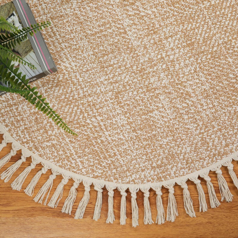 Collive Hand Woven Round Area Rug Soft Cotton Machine Washable Carpet 3ft Farmhouse Rugs with Tassels  Tan/Cream Circle Rugs for Bedroom Living Room Dining Room Table Office - Image 3