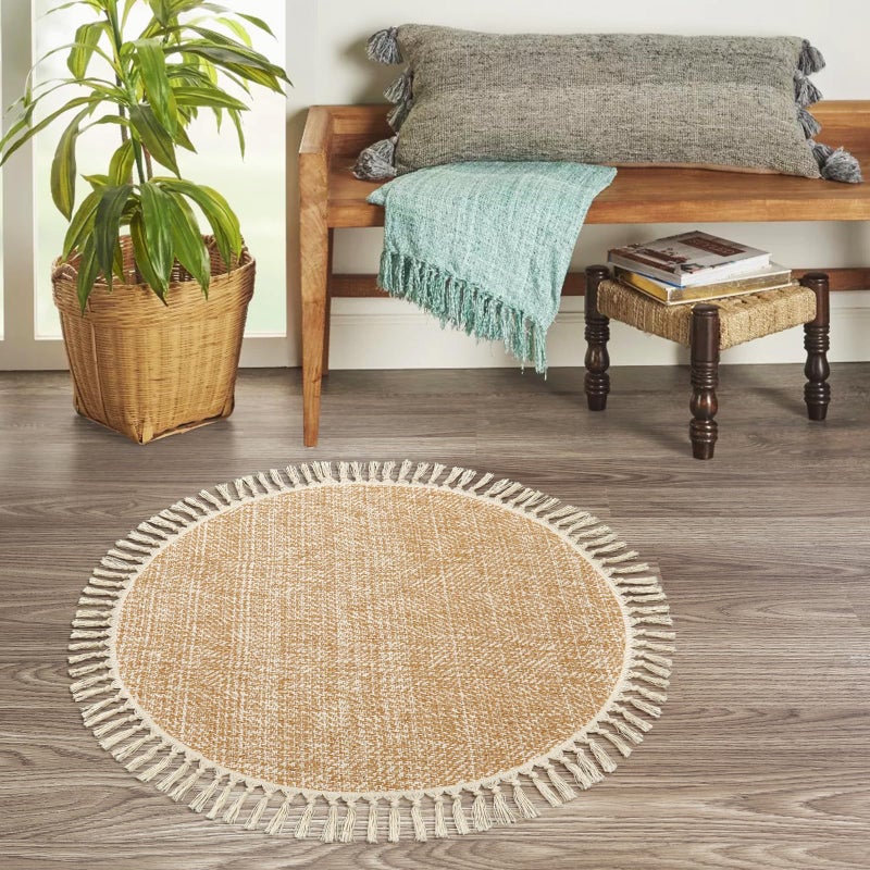 Collive Hand Woven Round Area Rug Soft Cotton Machine Washable Carpet 3ft Farmhouse Rugs with Tassels  Tan/Cream Circle Rugs for Bedroom Living Room Dining Room Table Office - Image 5