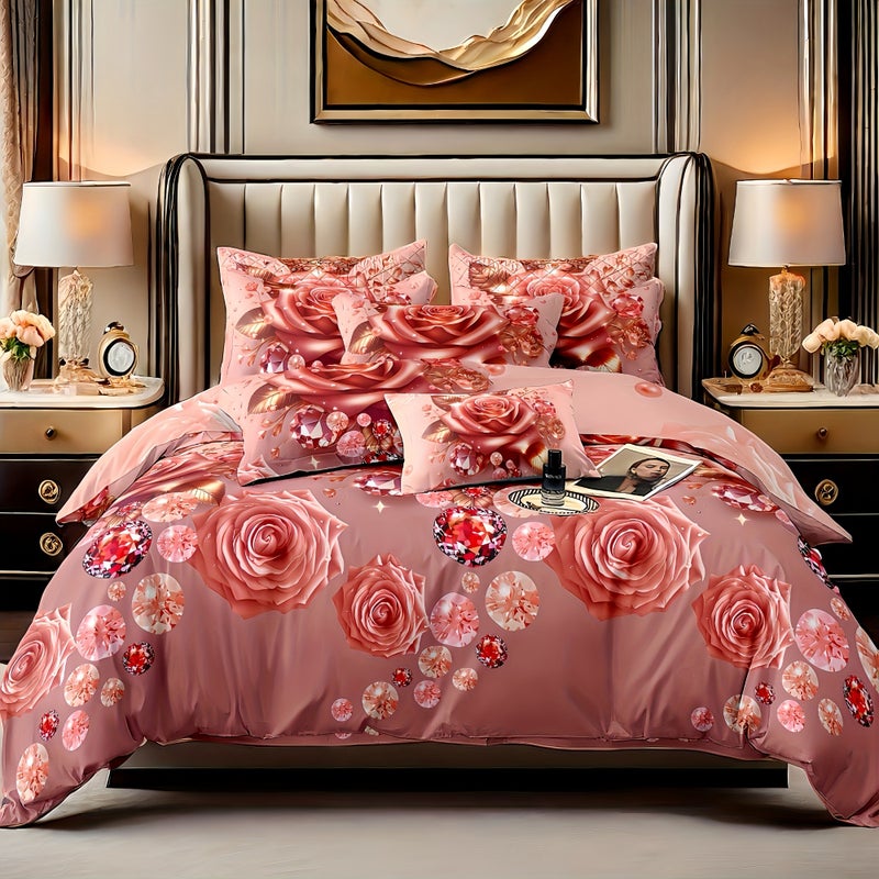 3pcs Fashion Classic Romantic Valentine'S Day Pink Brick Rose Bedding Duvet Cover Set, Including 1pc Down Duvet Cover And 2pcs Pillowcases, Without Filling - Image 1