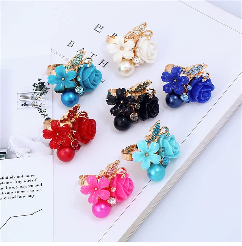 Dtja CZ Rose Flower Wedding Ring for Women Statement Engagement Round Rhinstone Crystal Aryclic Daisy Plumeria Adjustable Open Wrap Finger Rings Comfort Fit Cocktail Party Valentine Jewelry (Black) - Image 4