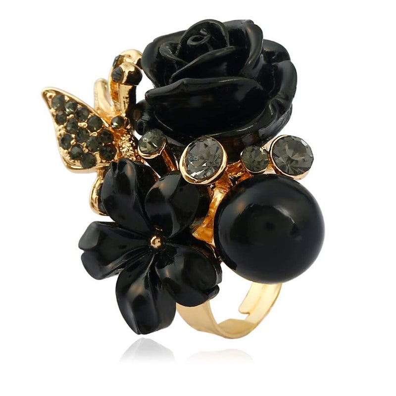 Dtja CZ Rose Flower Wedding Ring for Women Statement Engagement Round Rhinstone Crystal Aryclic Daisy Plumeria Adjustable Open Wrap Finger Rings Comfort Fit Cocktail Party Valentine Jewelry (Black) - Image 1