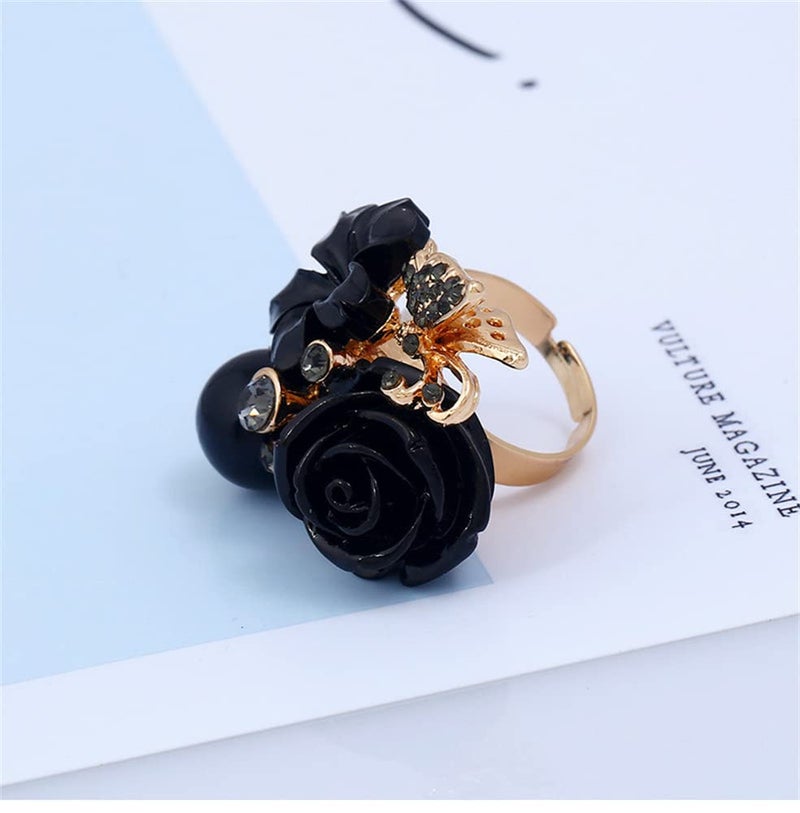 Dtja CZ Rose Flower Wedding Ring for Women Statement Engagement Round Rhinstone Crystal Aryclic Daisy Plumeria Adjustable Open Wrap Finger Rings Comfort Fit Cocktail Party Valentine Jewelry (Black) - Image 3