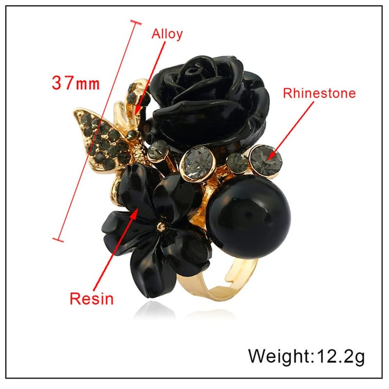 Dtja CZ Rose Flower Wedding Ring for Women Statement Engagement Round Rhinstone Crystal Aryclic Daisy Plumeria Adjustable Open Wrap Finger Rings Comfort Fit Cocktail Party Valentine Jewelry (Black) - Image 5