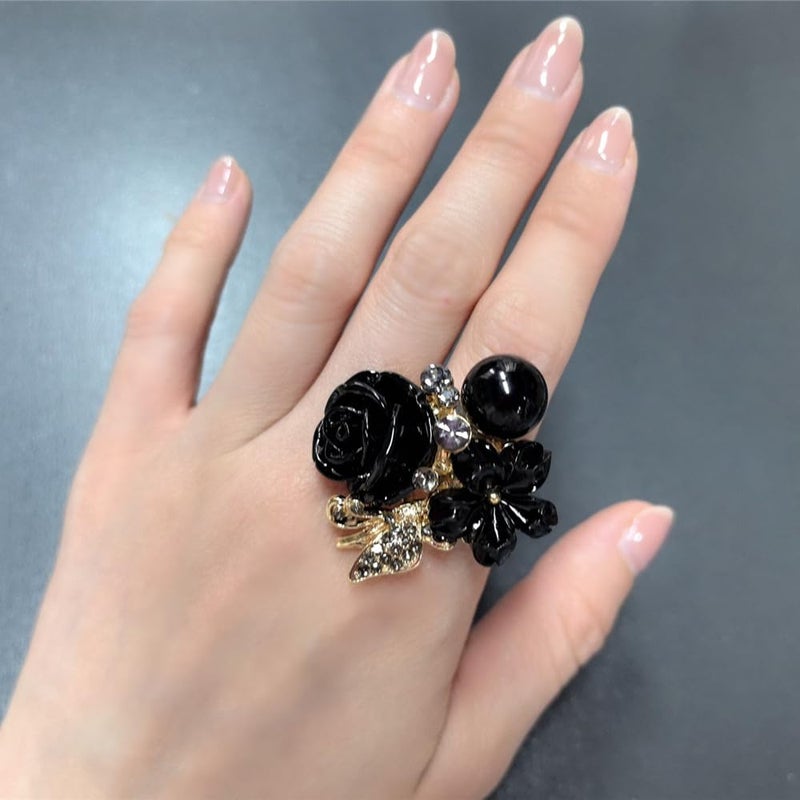 Dtja CZ Rose Flower Wedding Ring for Women Statement Engagement Round Rhinstone Crystal Aryclic Daisy Plumeria Adjustable Open Wrap Finger Rings Comfort Fit Cocktail Party Valentine Jewelry (Black) - Image 2