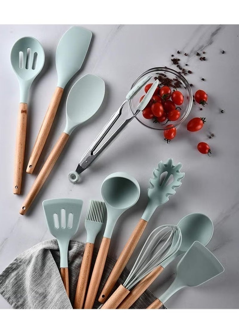 Raxoom Silicone Cooking Kitchen 11PCS Wooden Utensils Tool for Nonstick Cookware,Cooking Utensils Set with Bamboo Wood Handles for Nonstick Cookware，Non Toxic Turner Tongs Spatula Spoon Set - Image 2