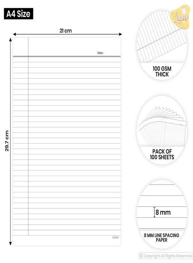 Lakeer A4 Single Side Ruled Paper - 100 GSM Thick Paper, Pack of 100 Sheets | Ideal for Projects, Assignments, Practicals, and Homework (White) - Image 2