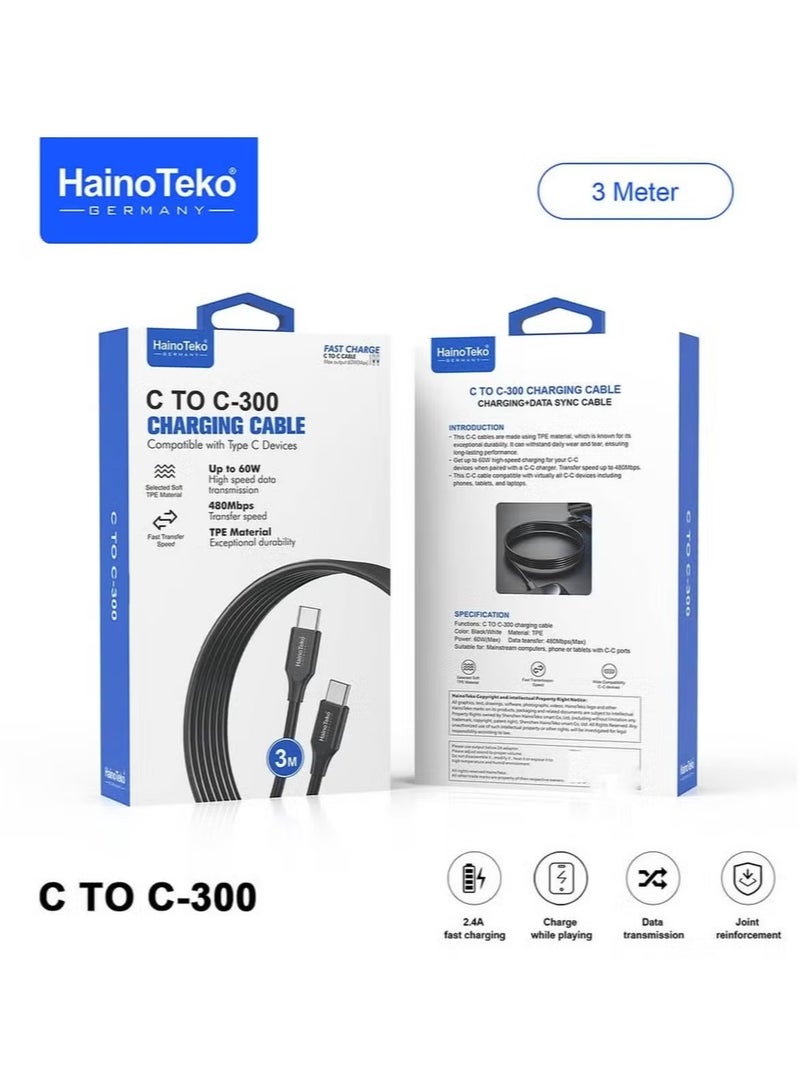 Haino Teko Germany C to C 300 3 Meter Fast Charging Data Cable Compatible with Type C Devices –- High-Speed Charging - Durable and Flexible, Black - Image 1