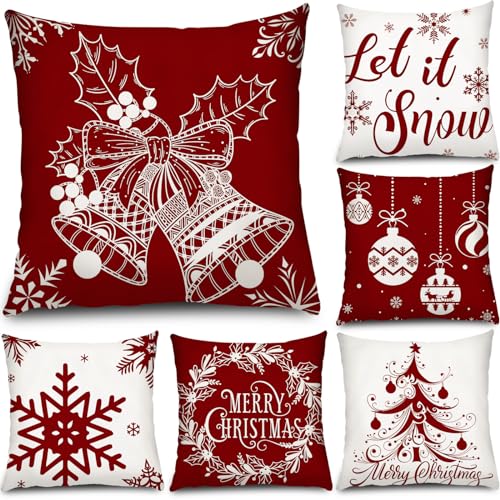 Tatuo 6 Pcs Christmas Pillow Covers Cushion Covers Decoration Christmas Pillow Cover Holiday Decor Throw Pillow Case for Sofa Couch Christmas Office Bedroom Decorations Red and White Style20 x 20 Inch - Image 1