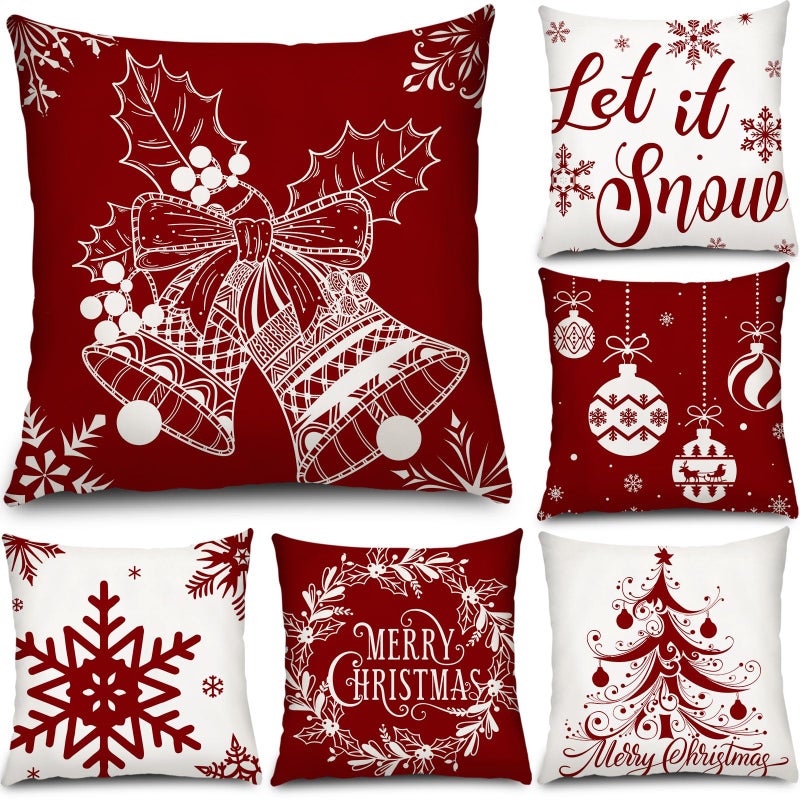 Tatuo 6 Pcs Christmas Pillow Covers Cushion Covers Decoration Christmas Pillow Cover Holiday Decor Throw Pillow Case for Sofa Couch Christmas Office Bedroom Decorations Red and White Style20 x 20 Inch - Image 2