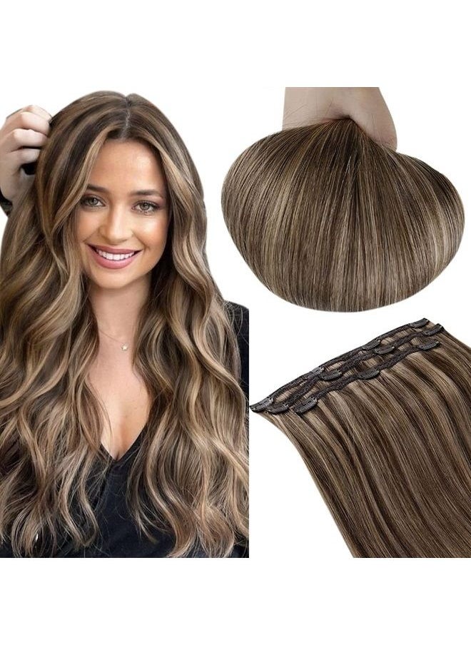 RUNATURE Highlight Hair Extensions Clip in Human Hair Dark Brown with Honey Blonde Clip on Hair Extensions Real Human Hair for Women Straight Clip in Extensions Remy Hair 18 Inch 50g 3pcs  - Image 1