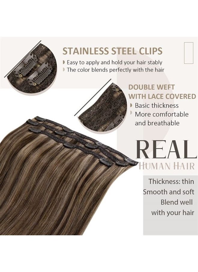 RUNATURE Highlight Hair Extensions Clip in Human Hair Dark Brown with Honey Blonde Clip on Hair Extensions Real Human Hair for Women Straight Clip in Extensions Remy Hair 18 Inch 50g 3pcs  - Image 2