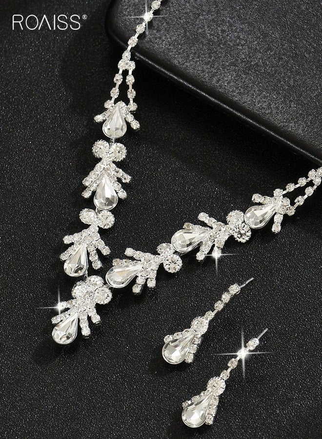 رويس طقم أقراط وقلادة على شكل قطرة ماء مرصعة بأحجار الراين من قطعتين للنساء، عقد تشوكر فضي على شكل دمعة من الكريستال، أقراط متدلية متدلية لحفلات الزفاف وحفلات التخرج، طقم مجوهرات لوصيفات العروس - Image 3