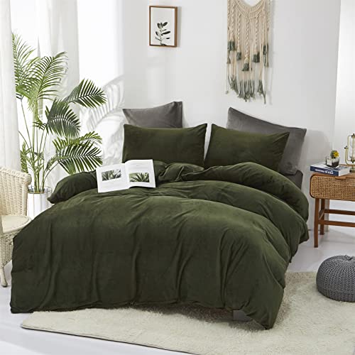 Cottonight Army Green Velvet Comforter Set - Queen Size, Olive Green Plush Fluffy Bedding, Dark Green Blanket, Modern Winter Warm 3 Piece Set for Women & Men - Image 2
