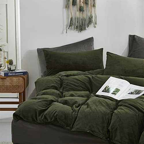 Cottonight Army Green Velvet Comforter Set - Queen Size, Olive Green Plush Fluffy Bedding, Dark Green Blanket, Modern Winter Warm 3 Piece Set for Women & Men - Image 5