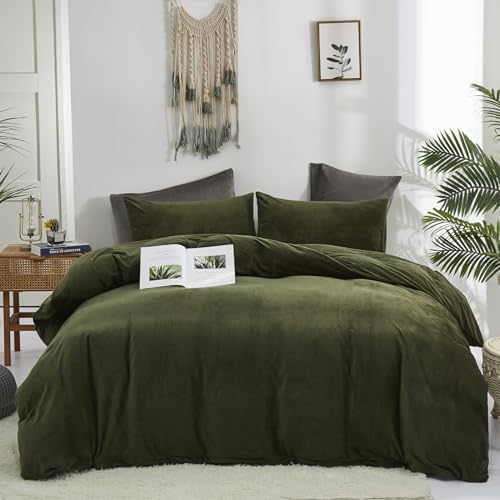 Cottonight Army Green Velvet Comforter Set - Queen Size, Olive Green Plush Fluffy Bedding, Dark Green Blanket, Modern Winter Warm 3 Piece Set for Women & Men - Image 1