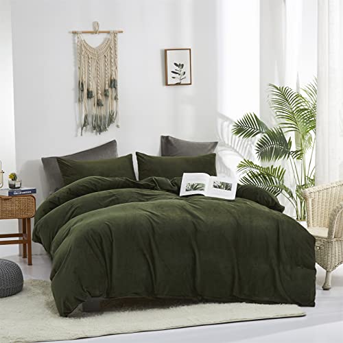 Cottonight Army Green Velvet Comforter Set - Queen Size, Olive Green Plush Fluffy Bedding, Dark Green Blanket, Modern Winter Warm 3 Piece Set for Women & Men - Image 4