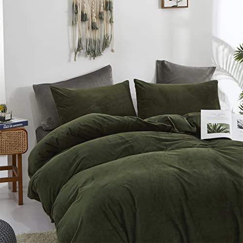 Cottonight Army Green Velvet Comforter Set - Queen Size, Olive Green Plush Fluffy Bedding, Dark Green Blanket, Modern Winter Warm 3 Piece Set for Women & Men - Image 3