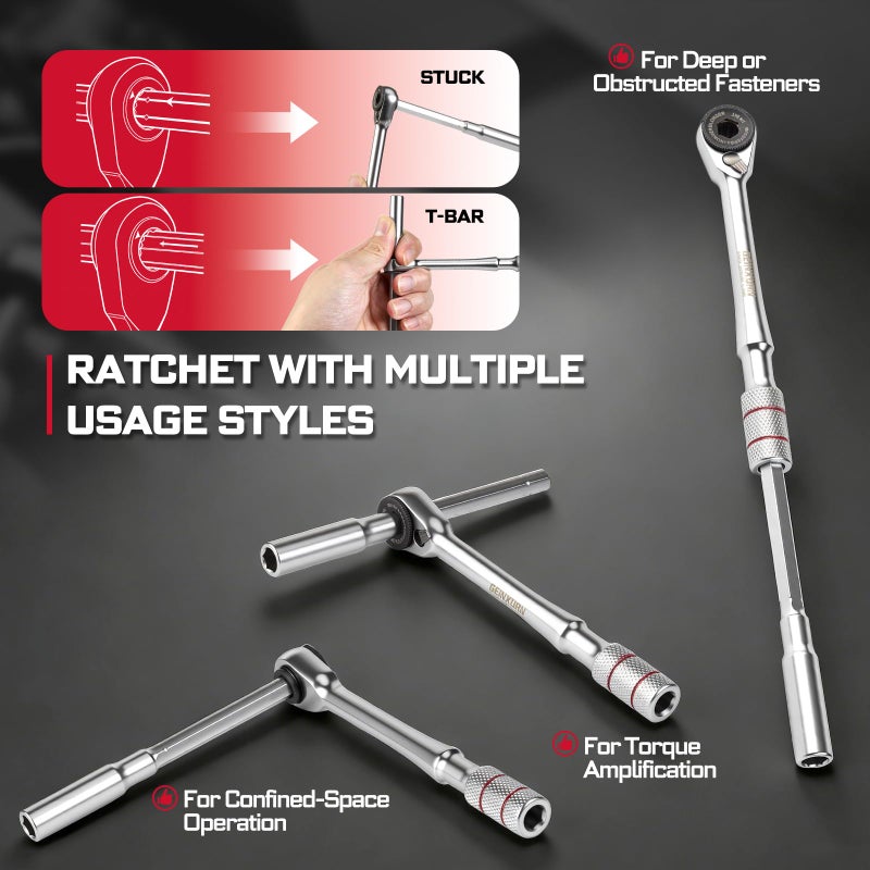 Geinxurn 60Pcs Mini T-Handle Ratchet Wrench Set, 72-Tooth Reversible Ratchet with Extension Bar,1/4" Socket Adapter, and 1â€Impact (Phillips/Torx/Hex) Screwdriver Bit Stored in Coded Base for Repair - Image 4