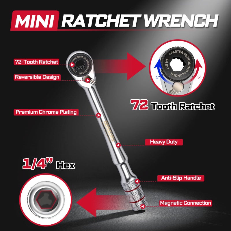 Geinxurn 60Pcs Mini T-Handle Ratchet Wrench Set, 72-Tooth Reversible Ratchet with Extension Bar,1/4" Socket Adapter, and 1â€Impact (Phillips/Torx/Hex) Screwdriver Bit Stored in Coded Base for Repair - Image 3
