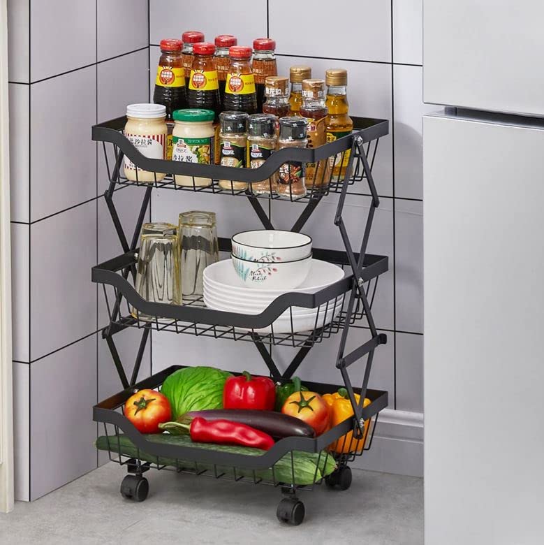Abhsant Collapsible Rolling Fruit and Vegetable Wire Basket3 Tier Foldable Metal Storage Rolling Cart with Lockable Wheels for Kitchen Pantry Bathroom Living Room Black 3 Tier - Image 4