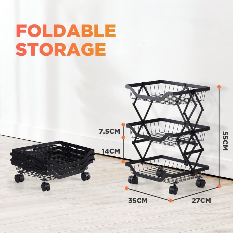 Abhsant Collapsible Rolling Fruit and Vegetable Wire Basket3 Tier Foldable Metal Storage Rolling Cart with Lockable Wheels for Kitchen Pantry Bathroom Living Room Black 3 Tier - Image 2