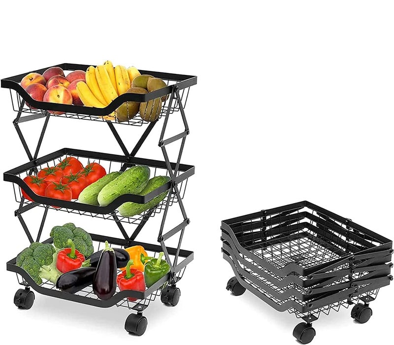 Abhsant Collapsible Rolling Fruit and Vegetable Wire Basket3 Tier Foldable Metal Storage Rolling Cart with Lockable Wheels for Kitchen Pantry Bathroom Living Room Black 3 Tier - Image 1