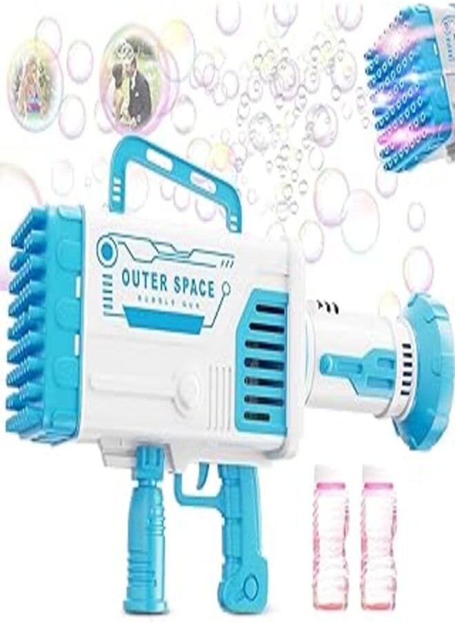 BrainGiggles - BrainGiggles 64 Holes Electric Rocket Bubble Gun with Lights Kids Toy Bubble Maker for Summer Party Fun (Blue) - Image 1