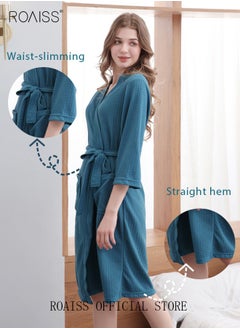 roaiss Women and Men Waffle Kimono Bathrobe Cotton Sleepwear Spa Robe Nightwear Nightgown Women Water Bathrobe Bridesmaid Robes Unisex Dressing Gown Autumn Robe  - Image 4